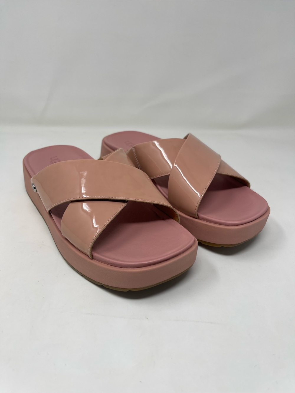 UGG Pink Patent Crisscross Slide Sandals